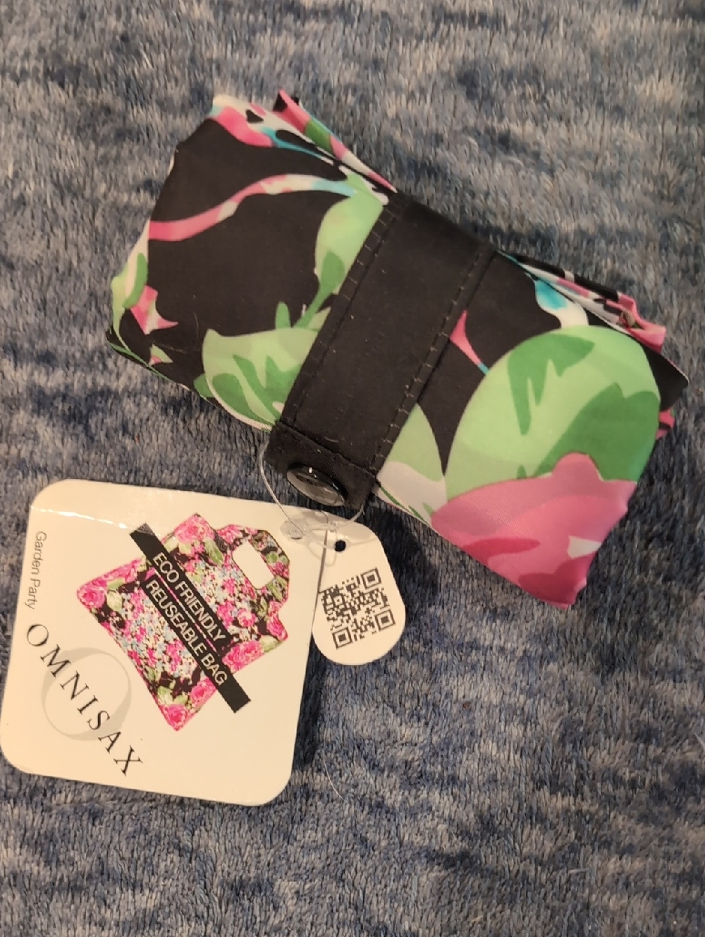 NWT Omnisax Foldable Reusable Bag - Black with Pink & Green Floral